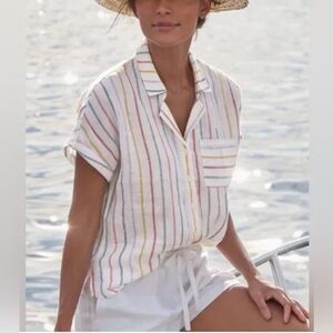 Garnet Hill Linen Cream Button Down Shirt with Notched Collar Striped Sz 14